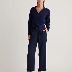 Quince - Navy Stretchy Crepe Paperbag Pants with Removable Tie Belt